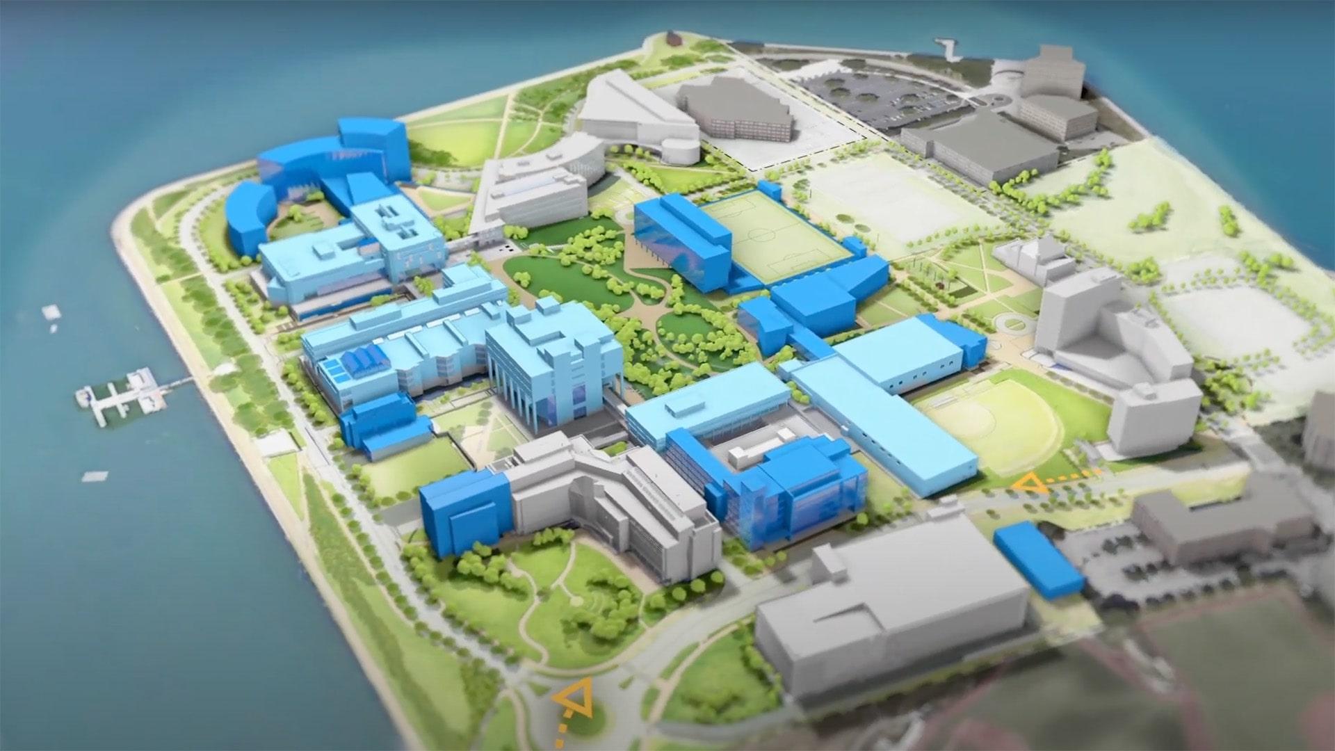 A rendering of the campus showing new building and pathways