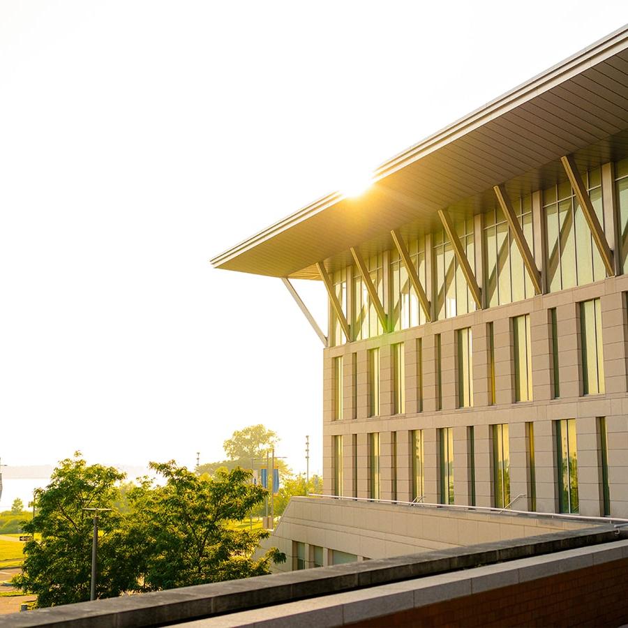 Sun shines on roof of the Campus Center.